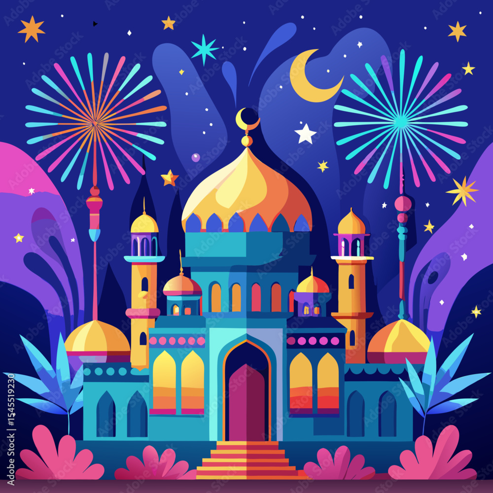 Fototapeta premium colorful night mosque with fireworks