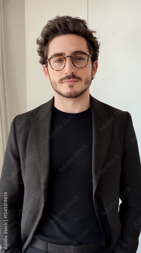 Obraz premium Confident young professional in blazer and tortoise shell glasses portrait