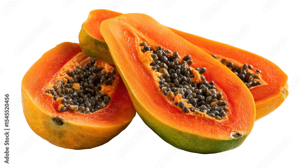 Fresh and Juicy Papaya Slices with Vibrant Orange Flesh and Dark Seeds on a Bright Background Fresh and Juicy Papaya Slices with Vibrant Orange Flesh and Dark Seeds on a Bright Background