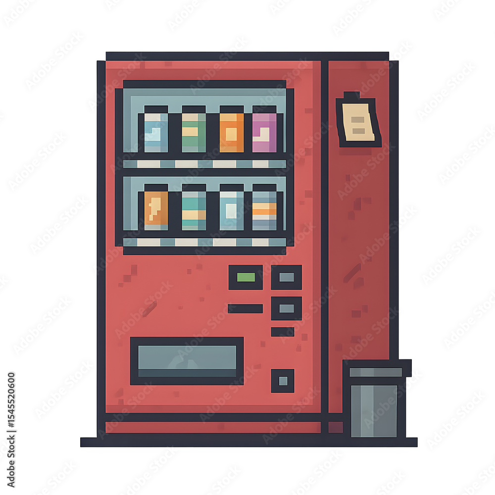 8-bit pixel art of a vending machine with visible drinks, buttons, and glass panel, designed for retro game scenes or city backgrounds 8-bit pixel art of a vending machine with visible drinks, buttons, and glass panel, designed for retro game scenes or city backgrounds