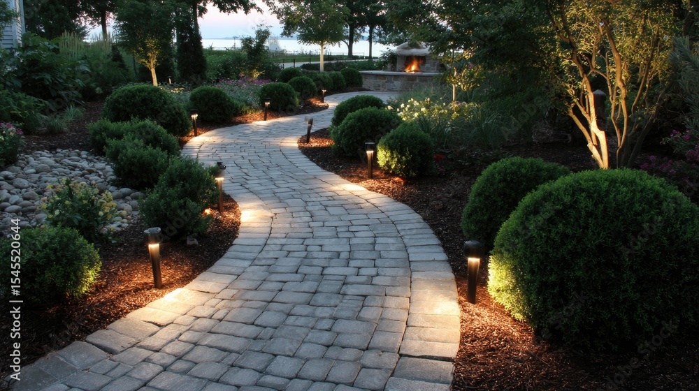 Obraz premium Curved garden path with decorative lighting and mulch, leading past sculpted bushes