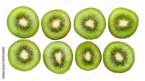Freshly Sliced Ripe Kiwi Fruit Arranged in a Perfect Pattern on a White Background