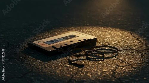 Vintage audio cassette tapes scattered on rough surface under dim lighting creating nostalgic mood