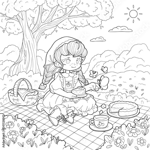 Cottagecore Picnic Girl with Cherry Pie. Vector Coloring Page