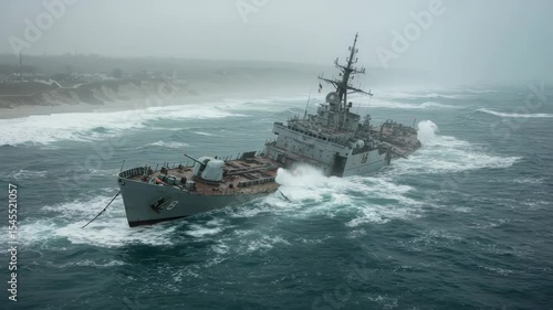 Abandoned naval warship stranded at sea during a severe storm, dramatic seascape