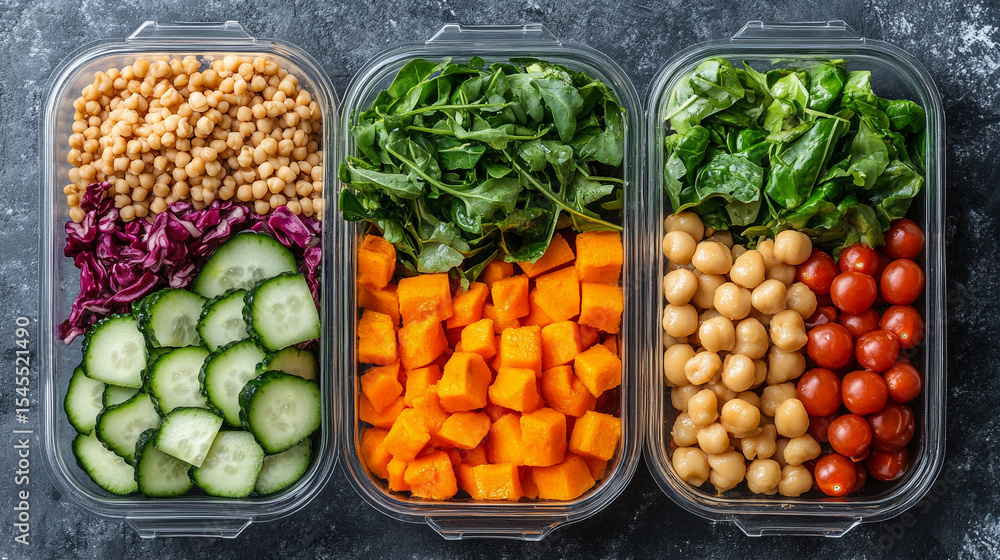 Plastic food containers neatly filled with vegetables and grains. Symbol of organized, healthy eating and efficient meal prep. Balanced nutrition, clean eating. Caption space on the side.
Plastic food containers neatly filled with vegetables and grains. Symbol of organized, healthy eating and efficient meal prep. Balanced nutrition, clean eating. Caption space on the side.