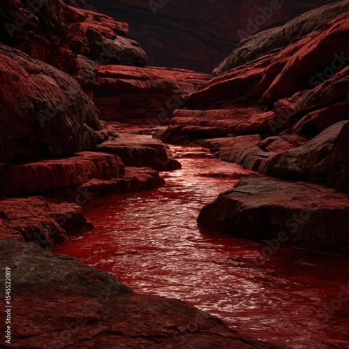 River of red water flowing through rocky canyon landscape for environmental and geological studies, and scenic backgrounds