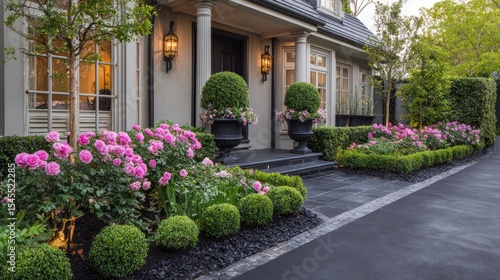 Elegant curb appeal with front garden beds filled with roses, topiaries, and decorative mulch