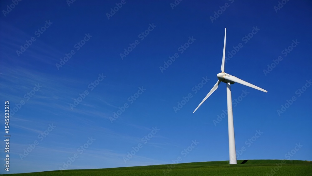 Fototapeta premium Single white wind turbine generating renewable energy on a green grassy hill under a clear blue sky. Symbolizing clean energy, sustainability, eco-friendly power sources.