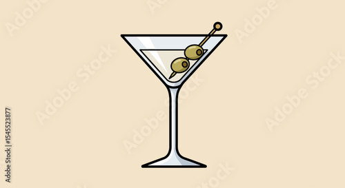 Classic Martini Glass with Two Olives – Flat Vector Icon on Beige Background