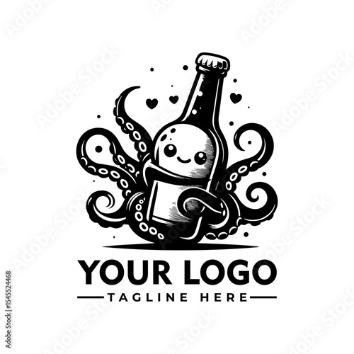 A cute cartoon octopus hugging a beer bottle, with hearts around it.