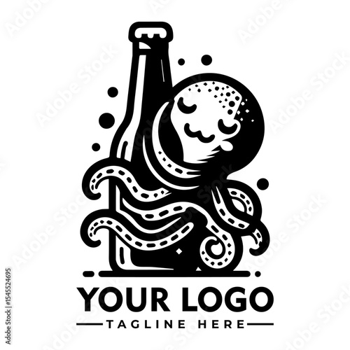 Illustration of an octopus wrapped around a beer bottle, in a logo style, with text placeholders.