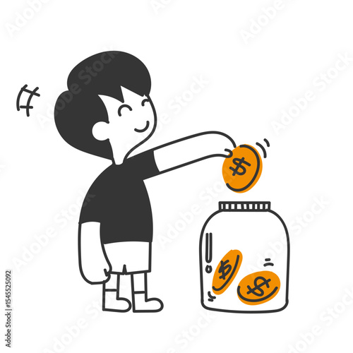 kid insert and keep coins in a jar in doodle cartoon style