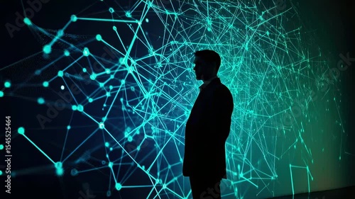 Silhouette of a man in suit against a network visualization, futuristic tech concept
