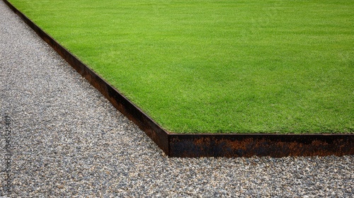 Minimalist garden edging with black steel border separating gravel and turf in a modern landscape