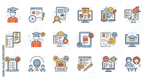 Modern outline icons for education & e-learning platforms. Features digital learning elements (online courses, video lectures, virtual classrooms) and traditional symbols (books, pens,