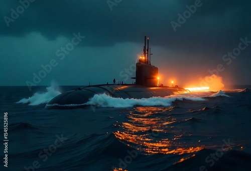 Nuclear military submarine launching torpedo missile underwater. Powerful stealth vessel in deep ocean, symbolizing strategic defense, naval technology, security, and modern maritime warfare mission.