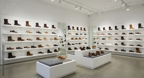 Brightly lit minimalist shoe store showcasing stylish footwear. AI Generated