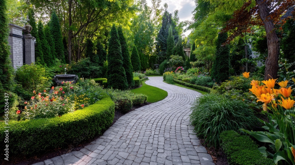 Obraz premium Natural stone pathway winding through a lush green garden, surrounded by flowering shrubs and trimmed hedges, showcasing serene landscaping