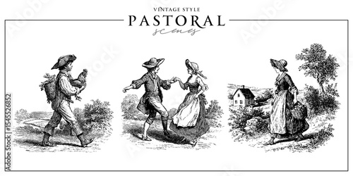 Set of old European romantic pastoral scenes. Vintage engraving or ink drawing style vector illustration. 