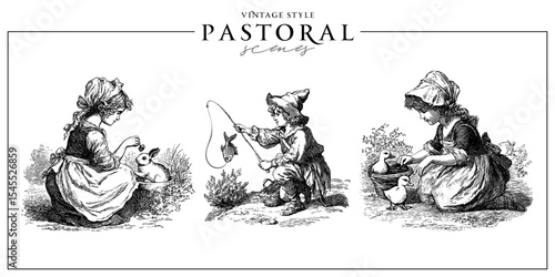 Set of old European romantic pastoral scenes. Vintage engraving or ink drawing style vector illustration. 