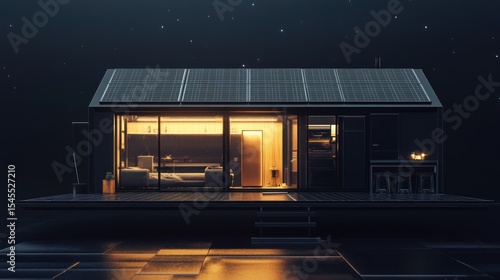 Futuristic solar paneled modular home exterior under a starry night sky