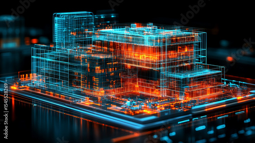 Digital twin simulation of a construction site with 3D building models, visible software interface, data tools, and active machinery—symbolizing smart building, precision, and project management.

