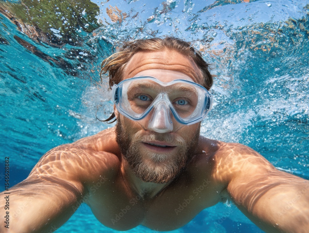 Fototapeta premium Man swimming underwater with goggles, clear blue water, bubbles rising.