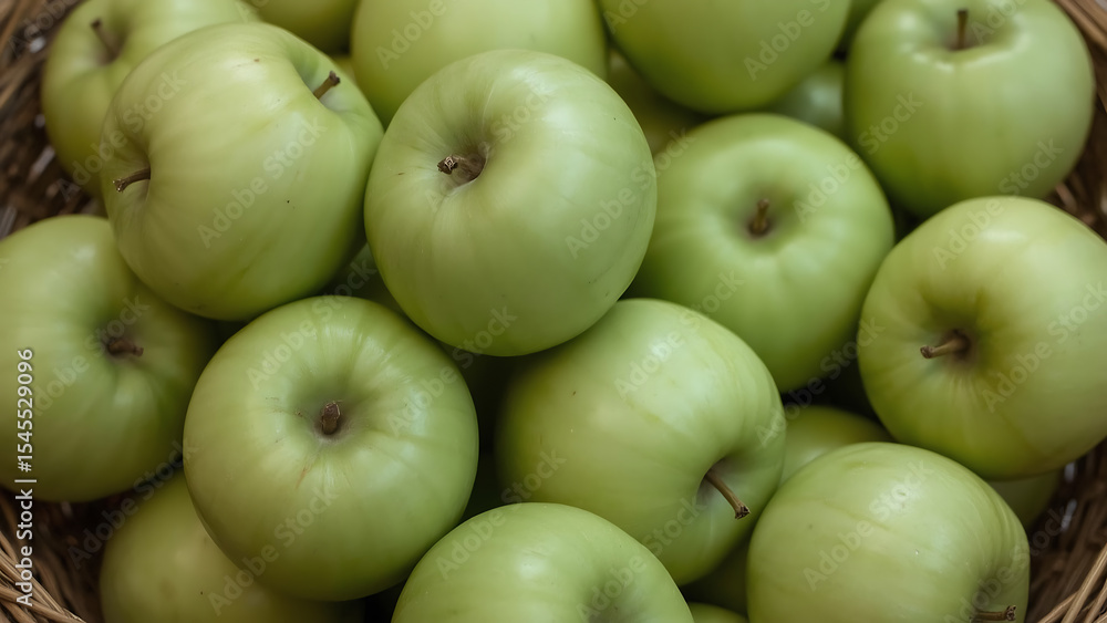 Close-up of a wicker basket overflowing with ripe green apples. Perfect for food and agriculture-themed designs and concepts. Vibrant and fresh. Close-up of a wicker basket overflowing with ripe green apples. Perfect for food and agriculture-themed designs and concepts. Vibrant and fresh.