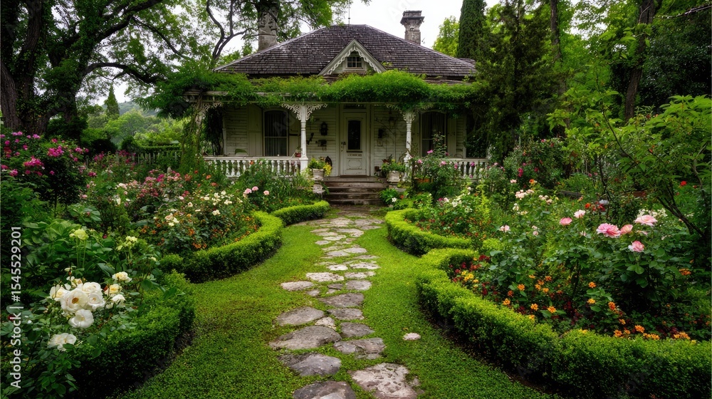 Well-maintained front yard garden with symmetrical flower beds, trimmed hedges, and a stone pathway leading to a classic porch Well-maintained front yard garden with symmetrical flower beds, trimmed hedges, and a stone pathway leading to a classic porch