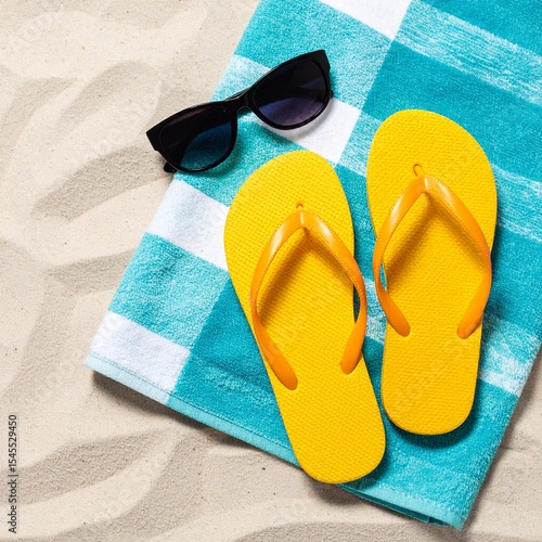 Flat lay of beach items on a beach towel- flip flops, sunglasses, bright summer aesthetic