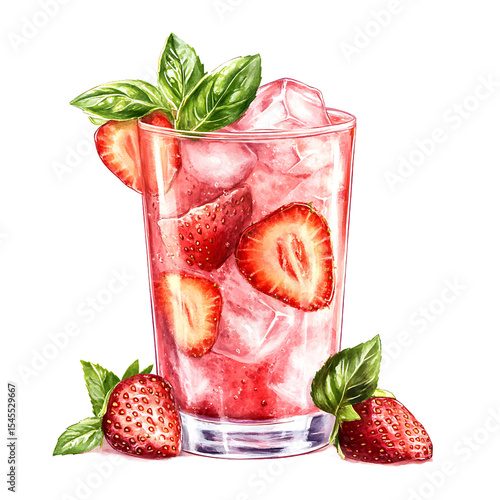 Refreshing Strawberry Basil Drink with Ice Cubes