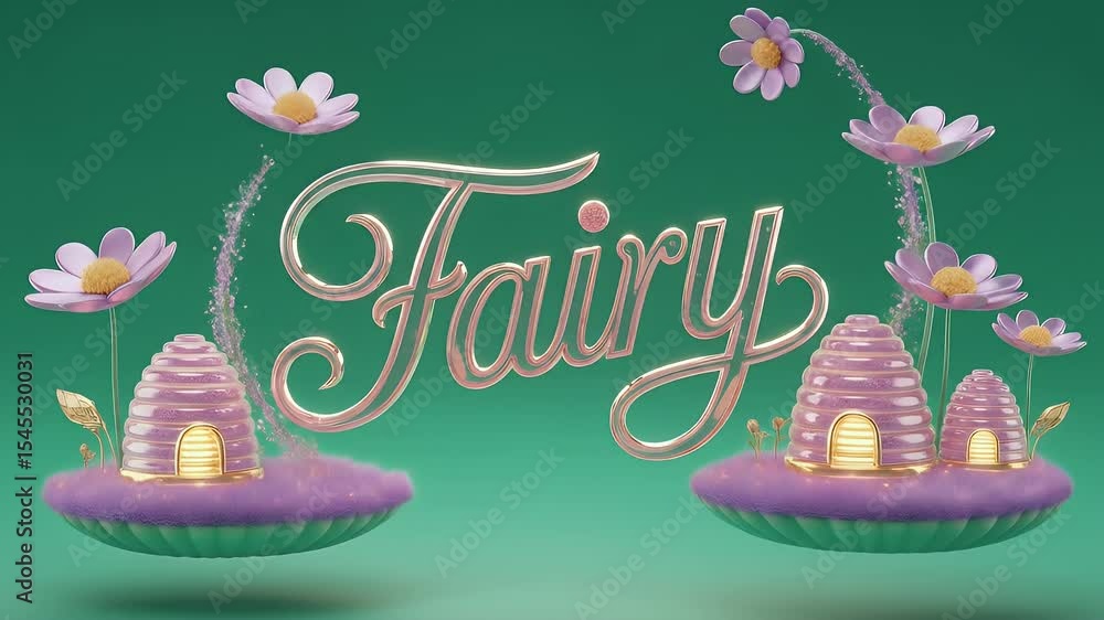 3D Animation of Fairy Text with Beehive Houses and Flowers on Floating Islands Isolated on Green Screen
