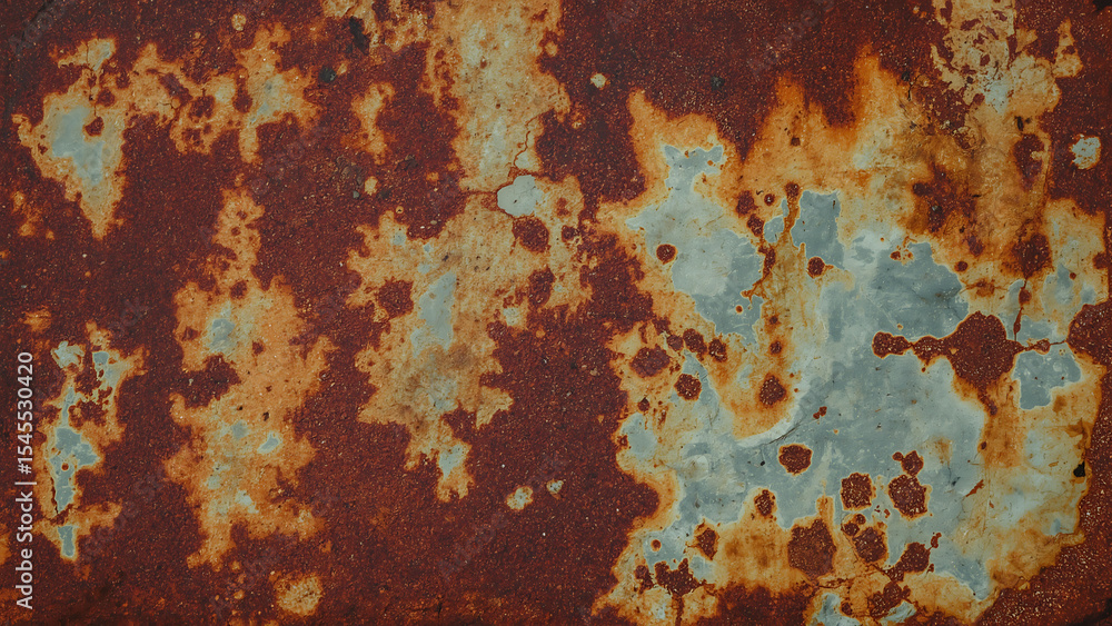 Fototapeta premium Metal texture with heavily rusted, peeling paint revealing aged beauty, perfect for backgrounds, industrial concepts, or textures in design projects.