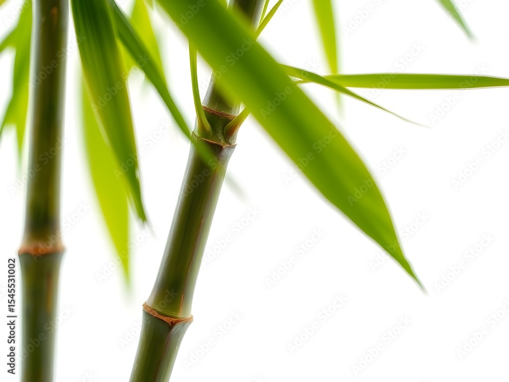 Obraz premium Detailed close-up of green bamboo stalks and fresh leaves with brownish nodes, illuminated by soft light and set against a bright white blurred background – ideal for natural themes