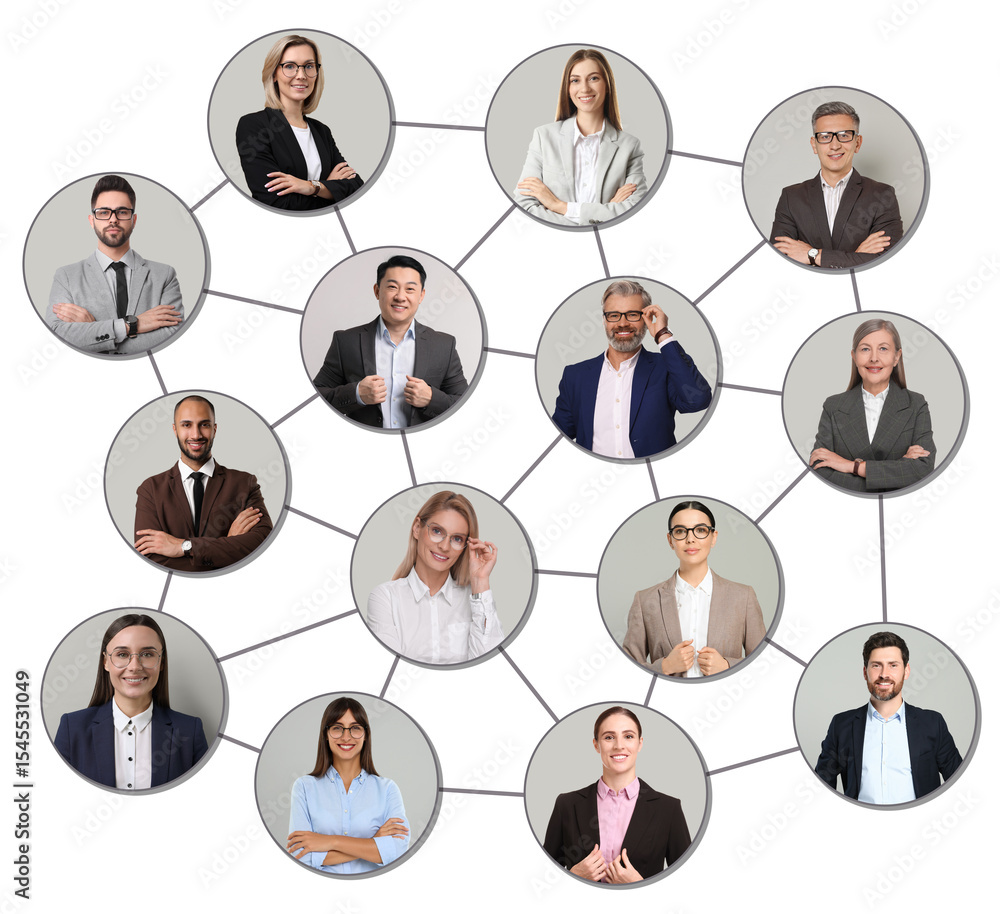 Network: business, communication, team. Circles with portraits of people connected to each other on white background Network: business, communication, team. Circles with portraits of people connected to each other on white background