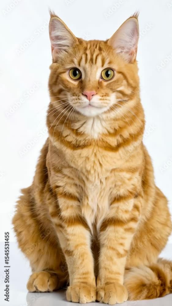 Handsome ginger tabby cat sitting attentively on a white surface, showcasing its striped fur and expressive golden eyes in a portrait. Handsome ginger tabby cat sitting attentively on a white surface, showcasing its striped fur and expressive golden eyes in a portrait.