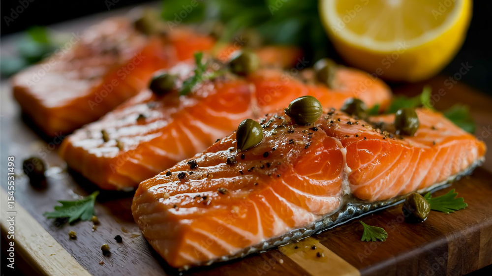 A close-up macro photograph of seared salmon fillets on a dark wooden cutting board. A close-up macro photograph of seared salmon fillets on a dark wooden cutting board.