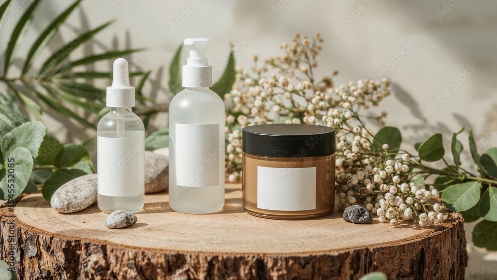 Skincare products displayed on a smooth, rustic wooden surface. Skincare products displayed on a smooth, rustic wooden surface.