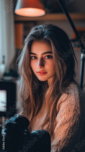 Indoor portrait of a beautiful young woman with flowing hair and a camera