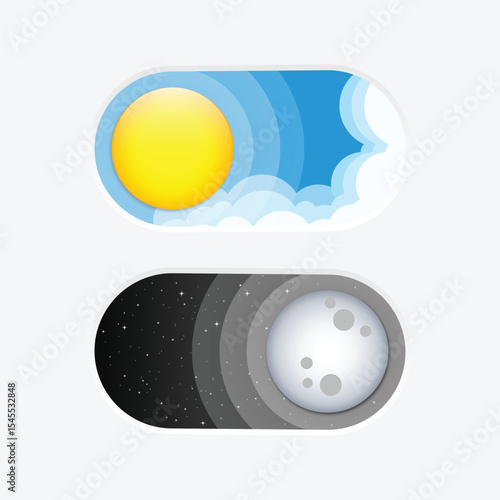 Day and night toggle button. Sun and moon, day night icon. On Off switcher.
