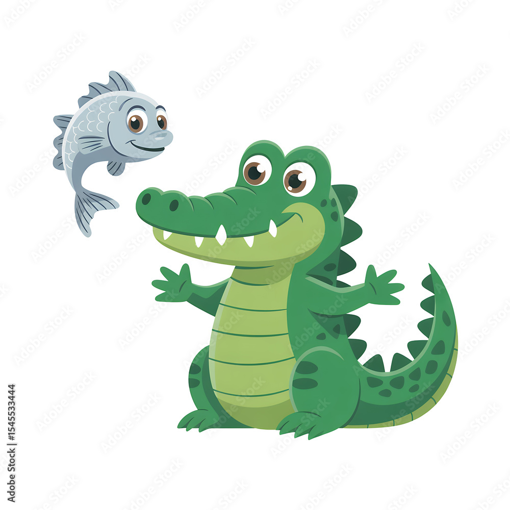 Fototapeta premium Cartoon Alligator and Fish Illustration