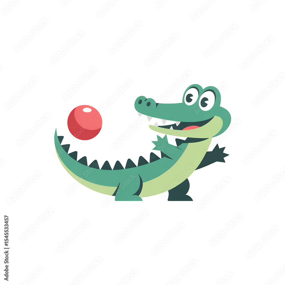 Fototapeta premium Cartoon Alligator with Red Ball on Transparent Background