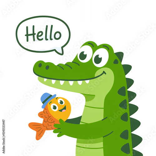 Cartoon Alligator with Fish Illustration