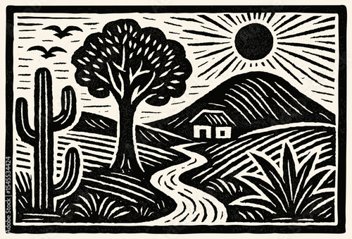 Landscape with cacti, tree, mountain, house and sun. Brazilian northeast cordel vector illustration. Woodcut style. Black and white