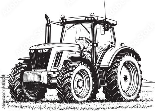Modern Farm Tractor - Detailed Hand-Drawn Illustration