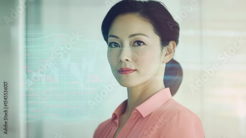 Asian businesswoman looking at data analytics on a screen, wearing a pink shirt