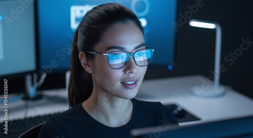 Mujer joven trabajando frente a pantallas de computadora en oficina oscura