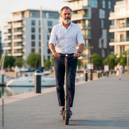 Hombre en scooter eléctrico en ciudad moderna