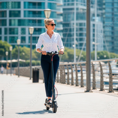 Mujer en scooter eléctrico en ciudad moderna